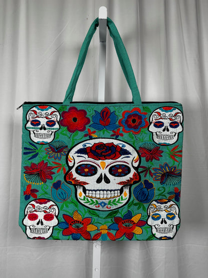Sugar Skull Skeleton Embroidered Tote Bag