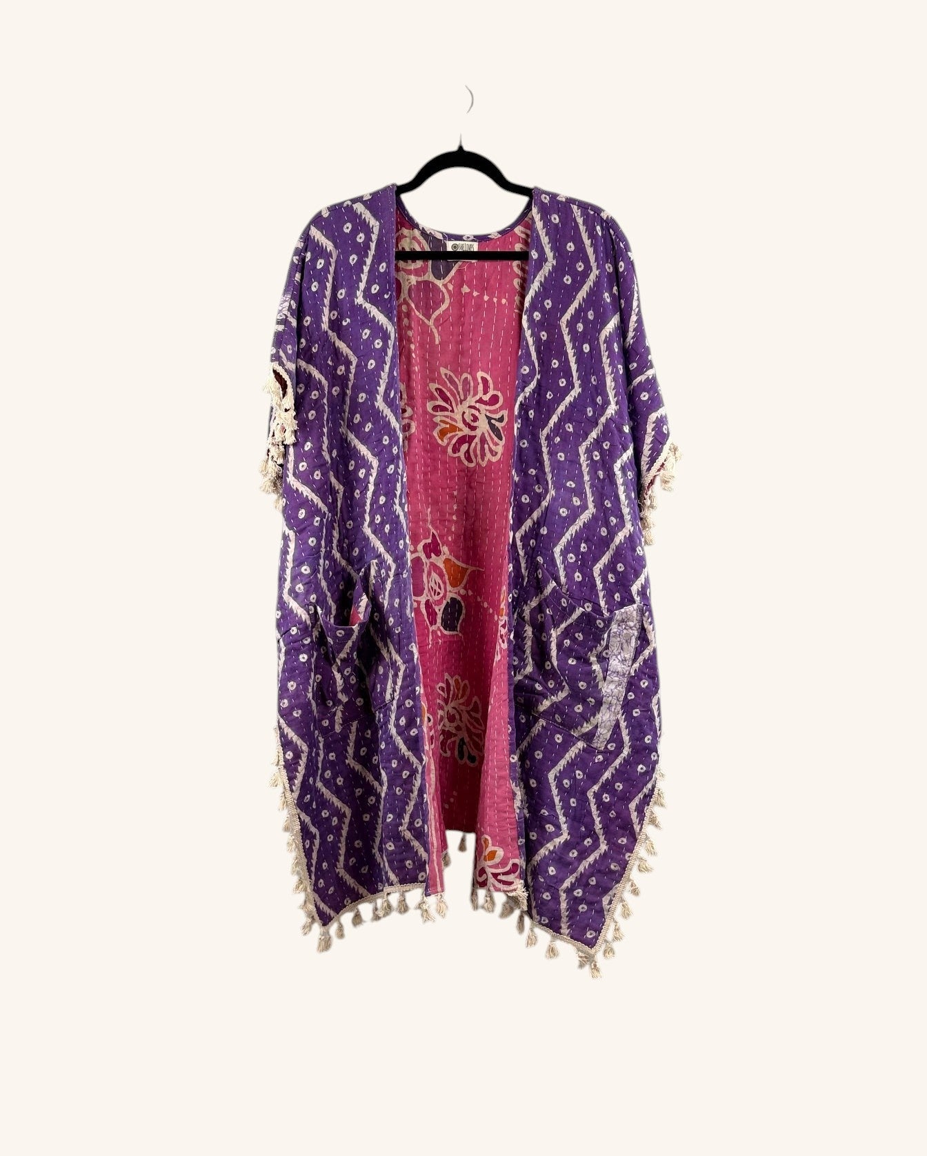 Short Sleeve Willow Fringe Kantha Kimono 1000-01