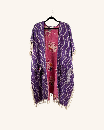 Short Sleeve Willow Fringe Kantha Kimono 1000-01