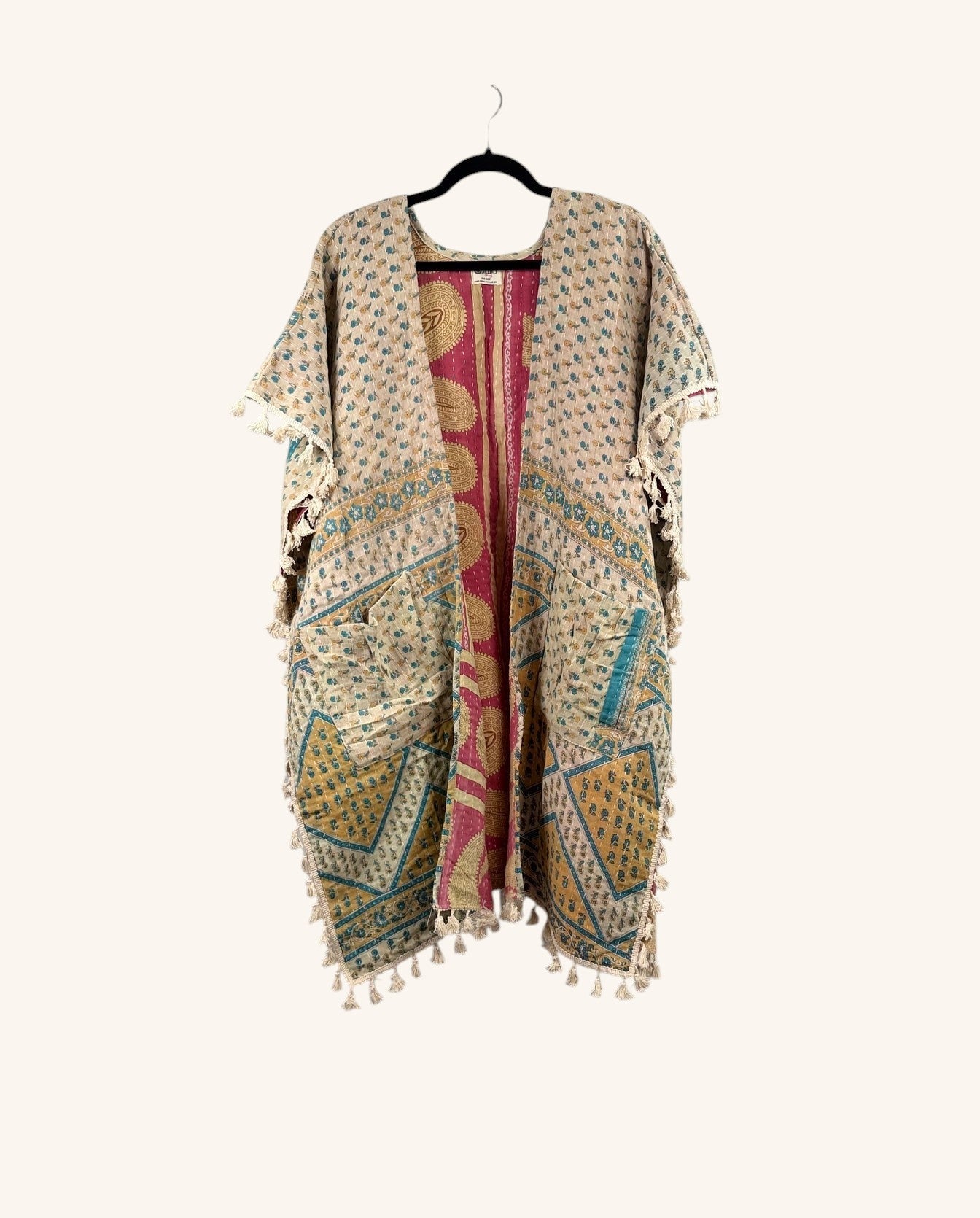 Short Sleeve Willow Fringe Kantha Kimono 1000-02