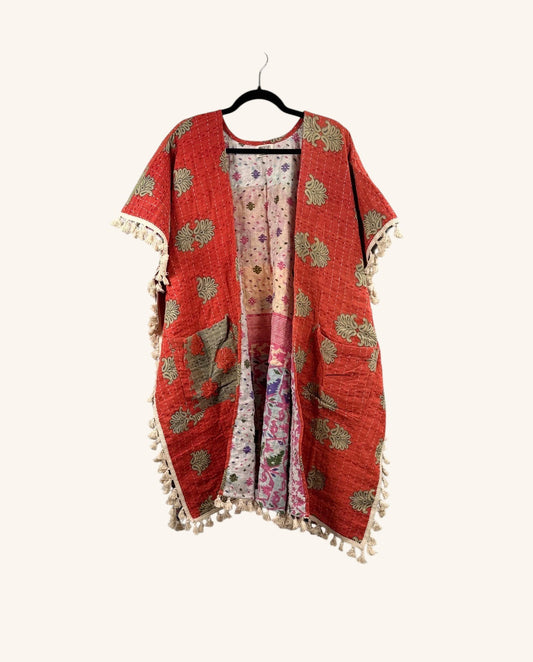 Short Sleeve Willow Fringe Kantha Kimono 1000-04