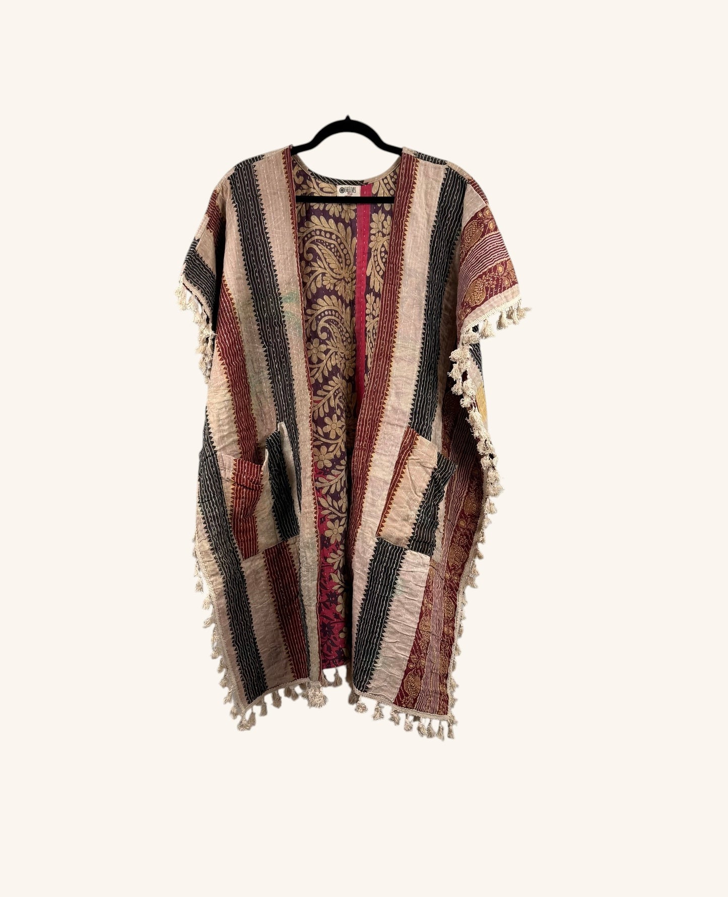 Short Sleeve Willow Fringe Kantha Kimono 1000-05