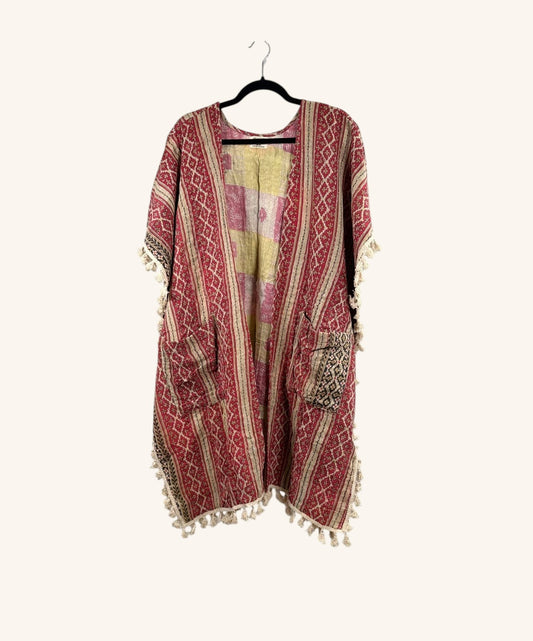 Short Sleeve Willow Fringe Kantha Kimono 1000-06