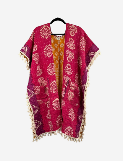 She Lives Beauty reversible short sleeve kimono in pink and yellow vintage kantha cotton with artisan fringe trim
