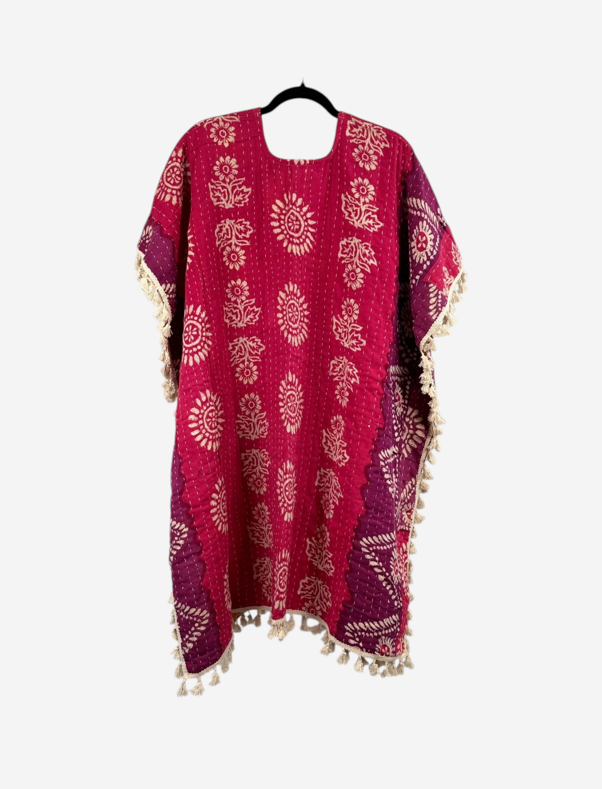She Lives Beauty reversible short sleeve kantha kimono in pink and purple vintage cotton with artisan fringe trim
