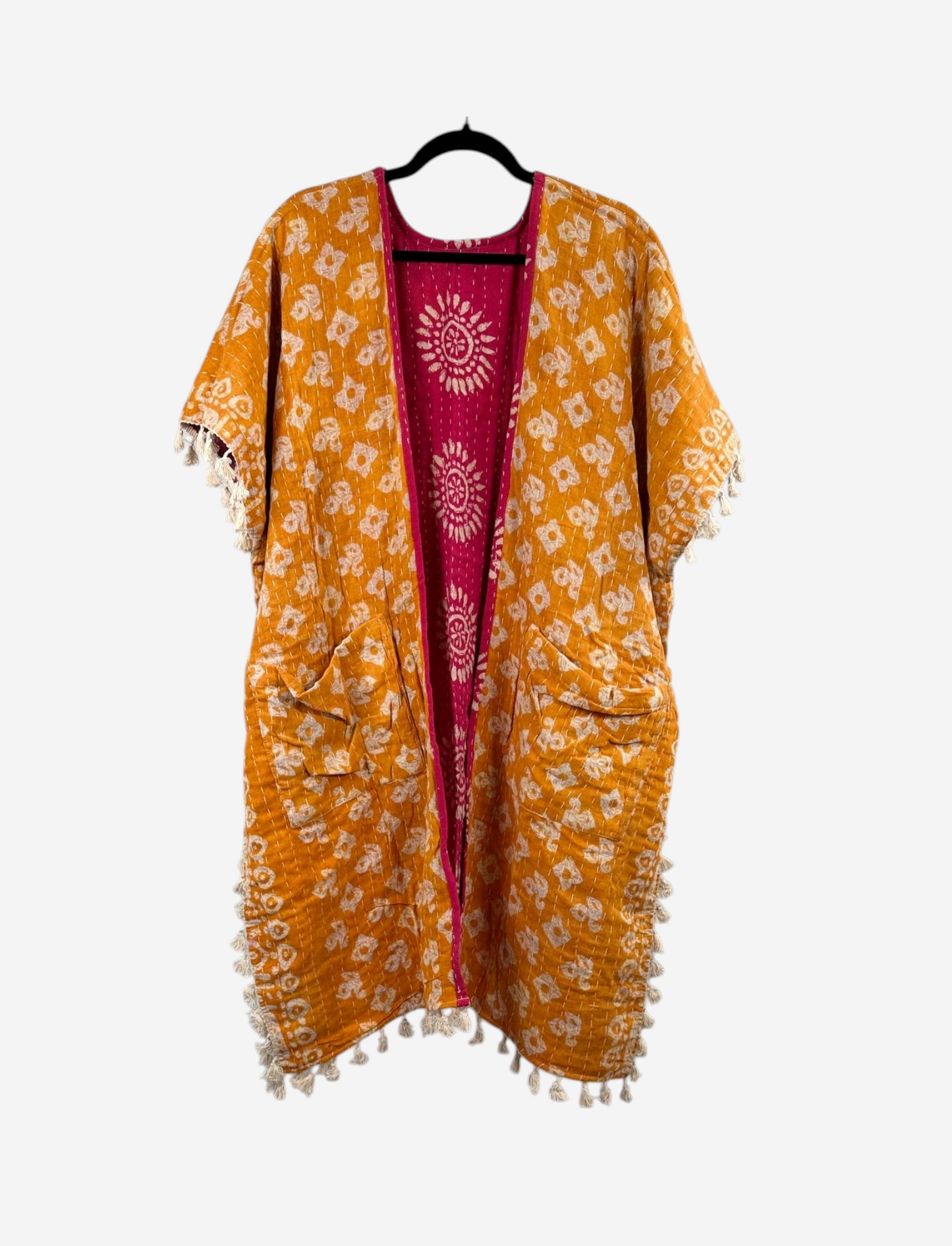 She Lives Beauty reversible short sleeve kimono in mustard yellow and pink vintage kantha cotton with fringe trim