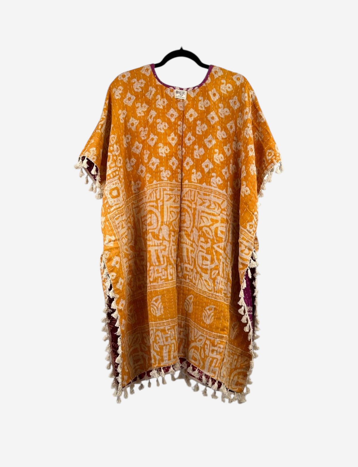 She Lives Beauty reversible short sleeve kantha kimono in orange vintage cotton with fringe trim and patterned detail
