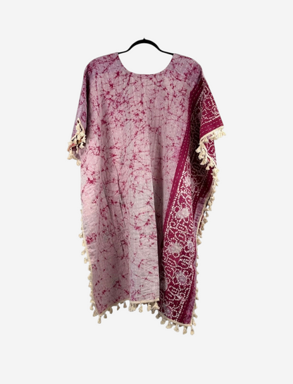 She Lives Beauty short sleeve kimono in pink and white vintage kantha cotton with artisan fringe trim