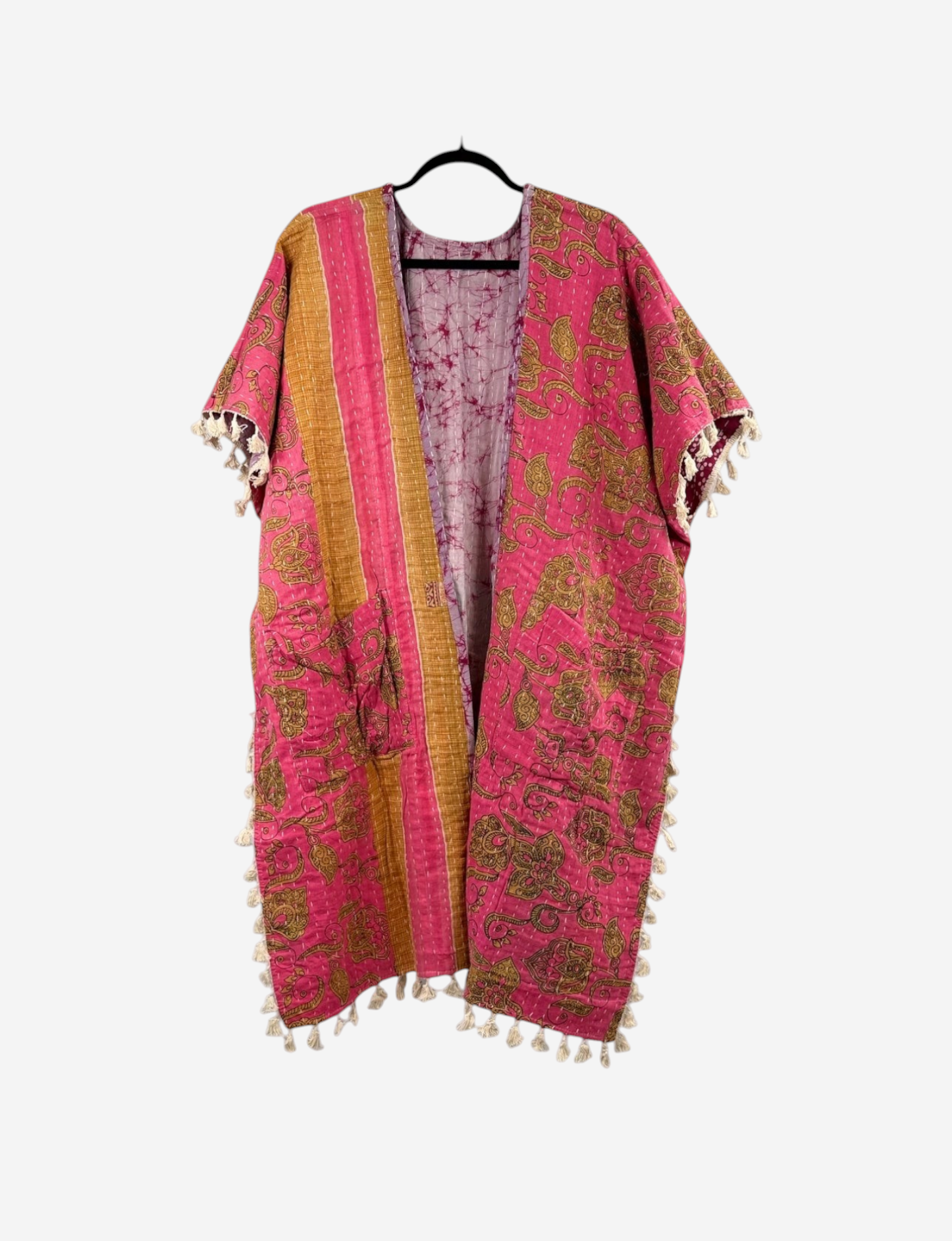 She Lives Beauty vintage cotton kantha kimono in pink and gold with short sleeves and artisan fringe trim