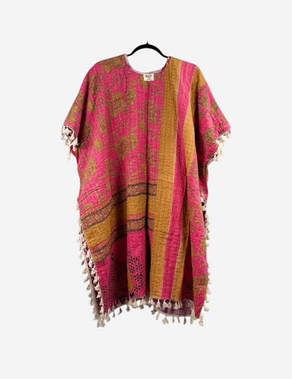 She Lives Beauty Short Sleeve Willow Fringe Kantha Kimono in pink and gold vintage cotton with artisan fringe trim