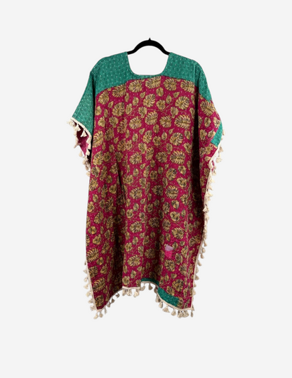 She Lives Beauty short sleeve kimono in magenta and green vintage kantha cotton with artisan fringe trim