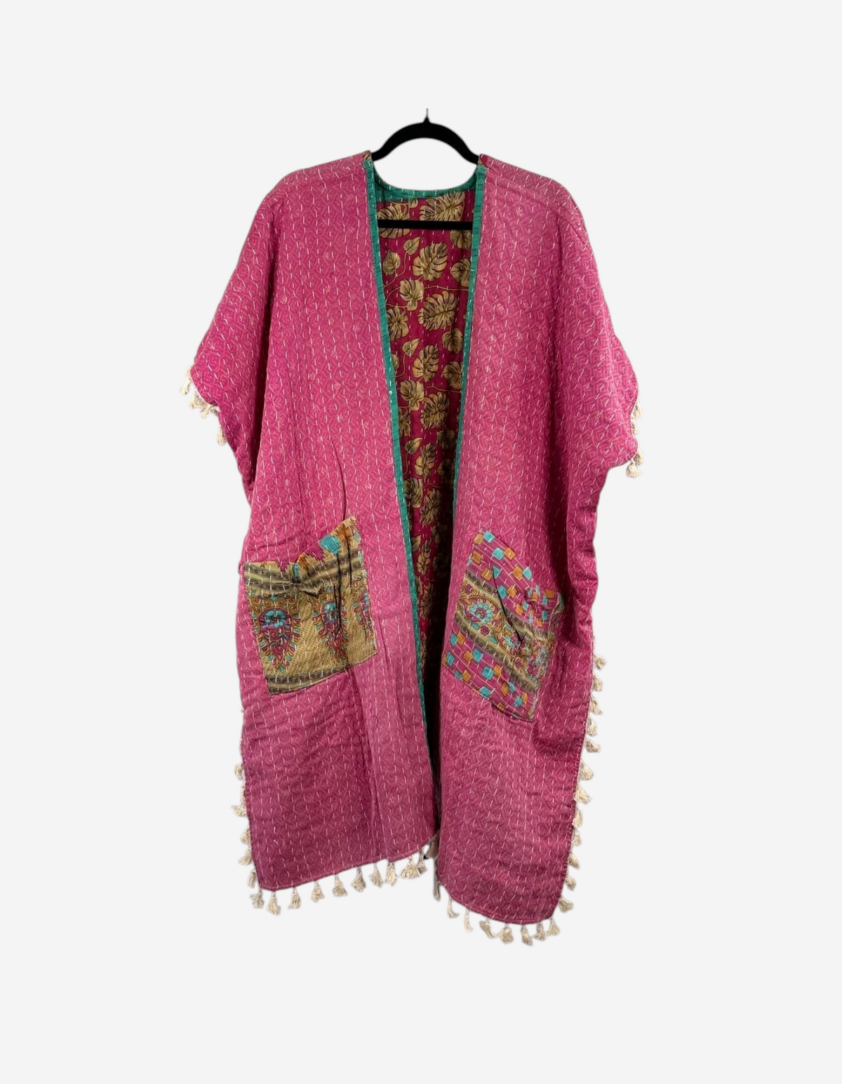 She Lives Beauty pink kantha kimono with short sleeves, fringe hem, and patterned pockets made from vintage cotton