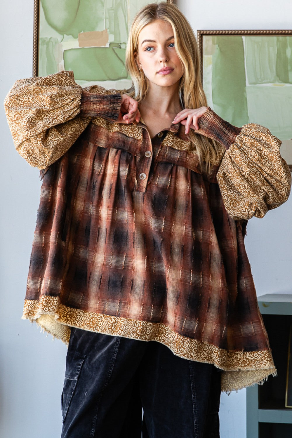 Half Button-down Printed Plaid Top