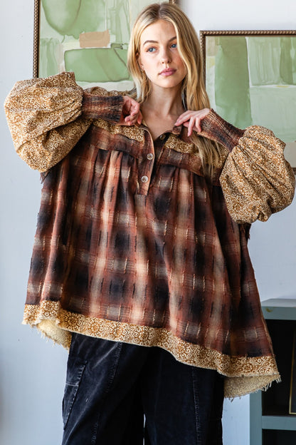 Half Button-down Printed Plaid Top