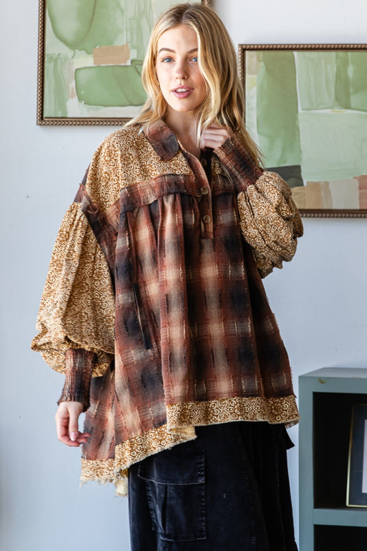 Half Button-down Printed Plaid Top