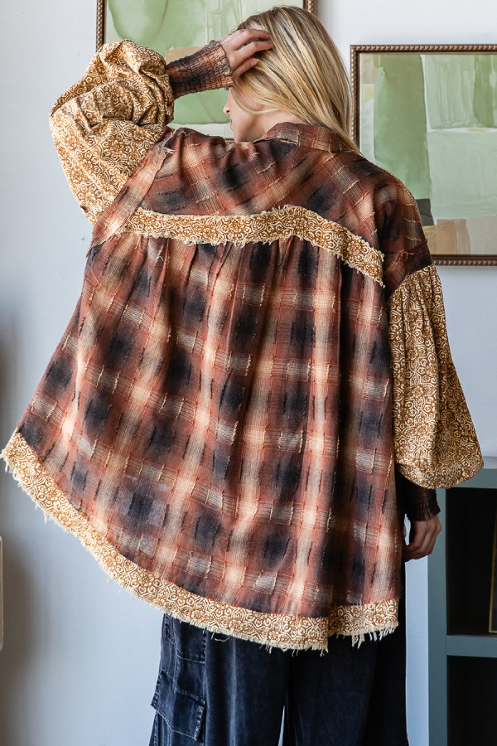 Half Button-down Printed Plaid Top