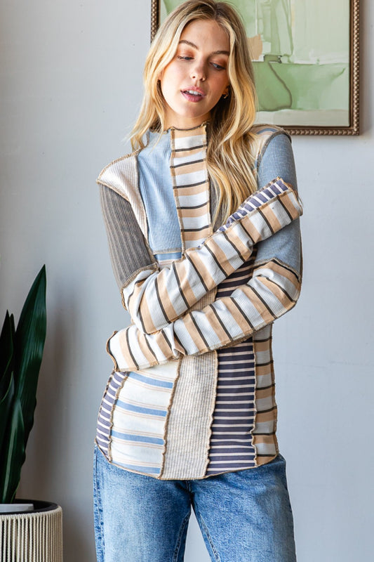 Long Sleeve Mocked Mixed Print Top