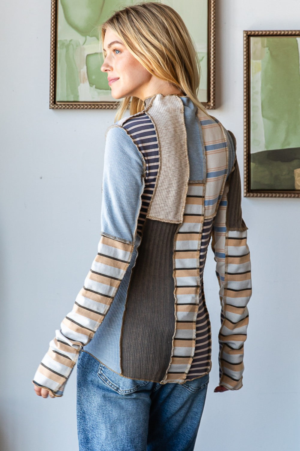 Long Sleeve Mocked Mixed Print Top
