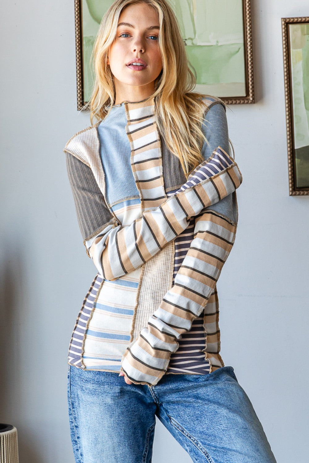 Long Sleeve Mocked Mixed Print Top
