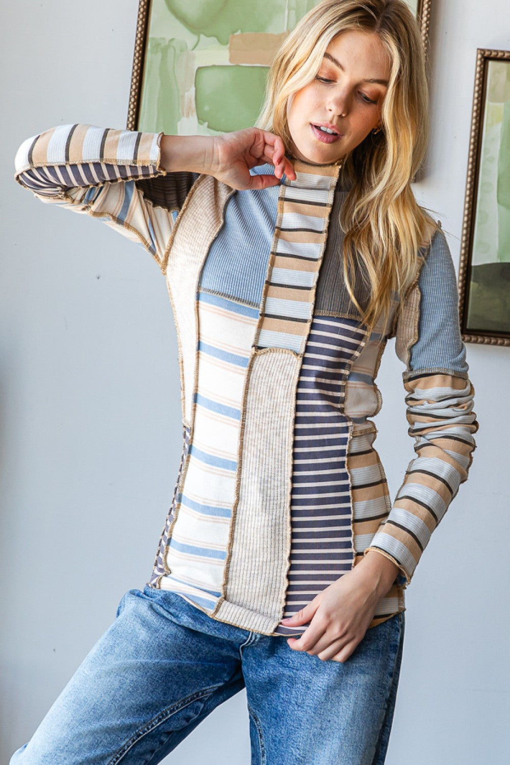 Long Sleeve Mocked Mixed Print Top