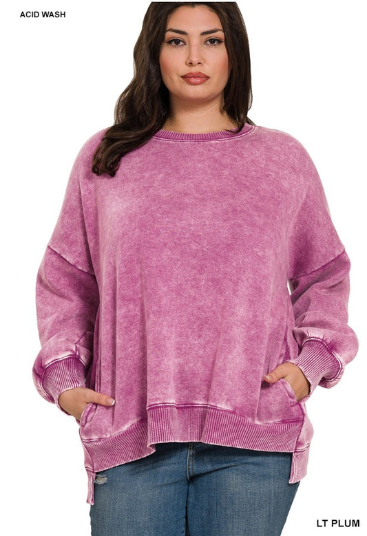Plus Size Acid Wash Fleece Hi-Low Pullover w/ Pockets (3 Options)