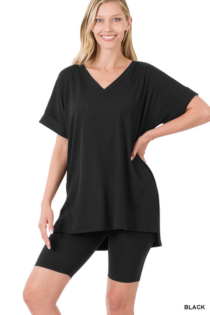 Elegant Comfort V-Neck Microfiber Top & Biker Shorts (12 Options)