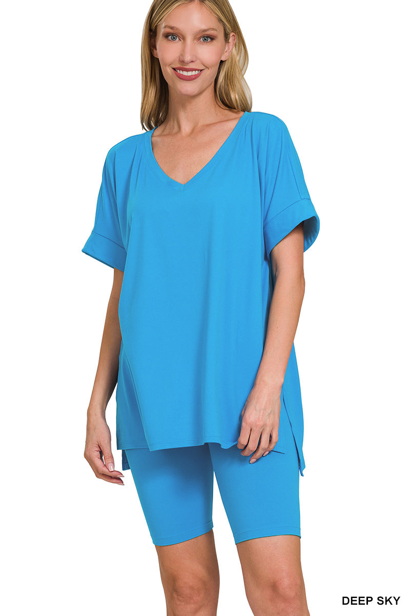 Elegant Comfort V-Neck Microfiber Top & Biker Shorts (12 Options)