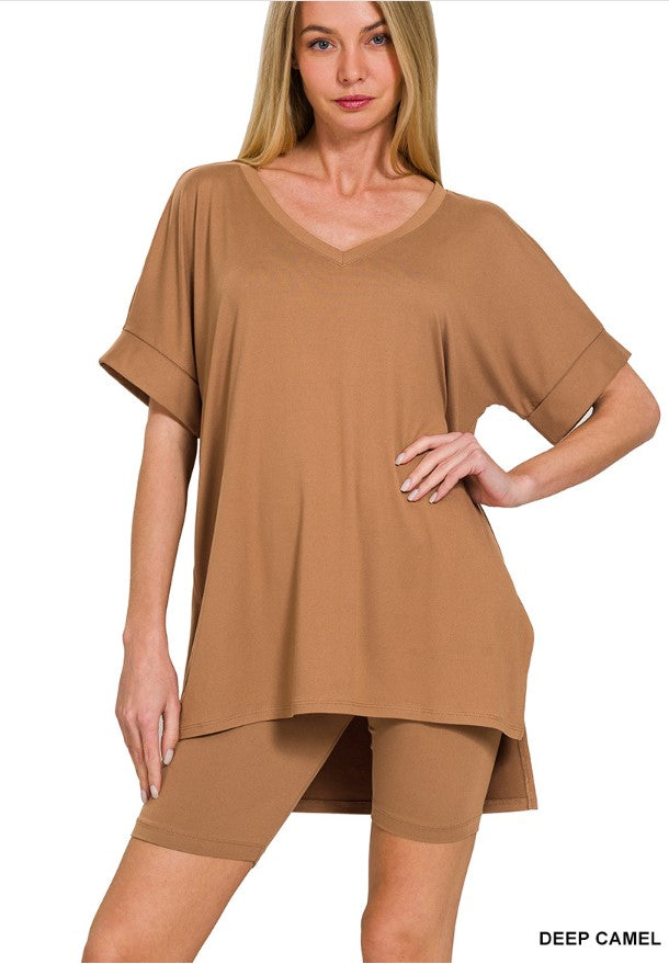 Elegant Comfort V-Neck Microfiber Top & Biker Shorts (12 Options)