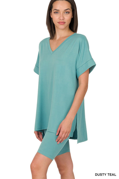 Elegant Comfort V-Neck Microfiber Top & Biker Shorts (12 Options)