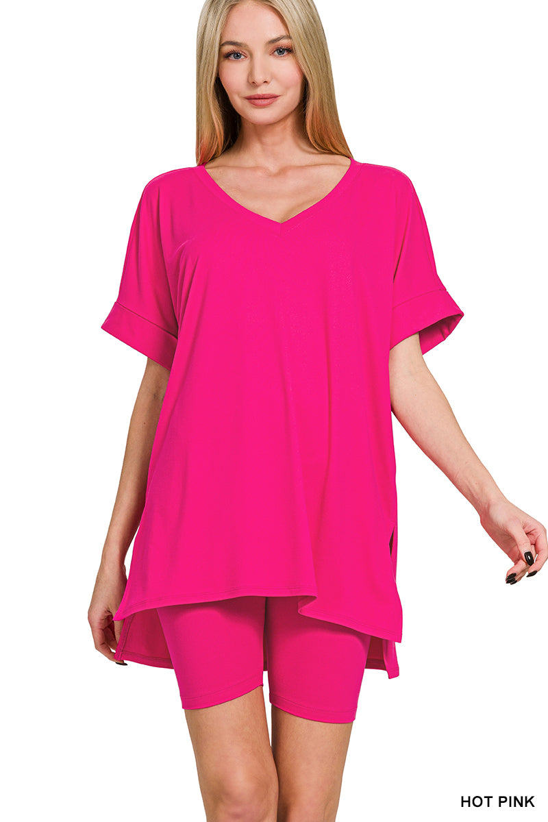 Elegant Comfort V-Neck Microfiber Top & Biker Shorts (12 Options)
