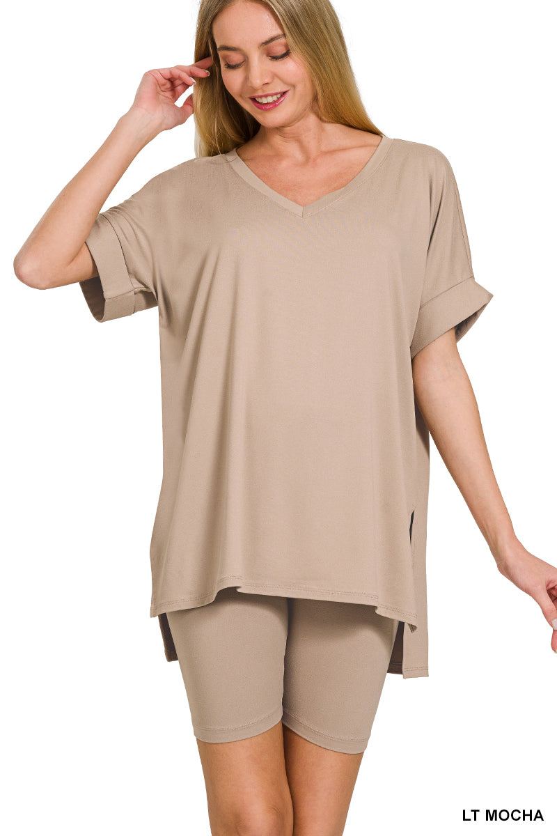 Elegant Comfort V-Neck Microfiber Top & Biker Shorts (12 Options)