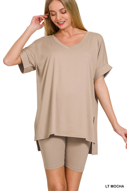 Elegant Comfort V-Neck Microfiber Top & Biker Shorts (12 Options)