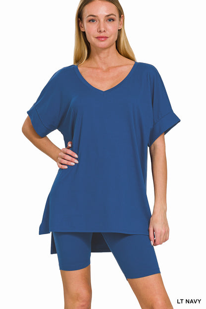 Elegant Comfort V-Neck Microfiber Top & Biker Shorts (12 Options)
