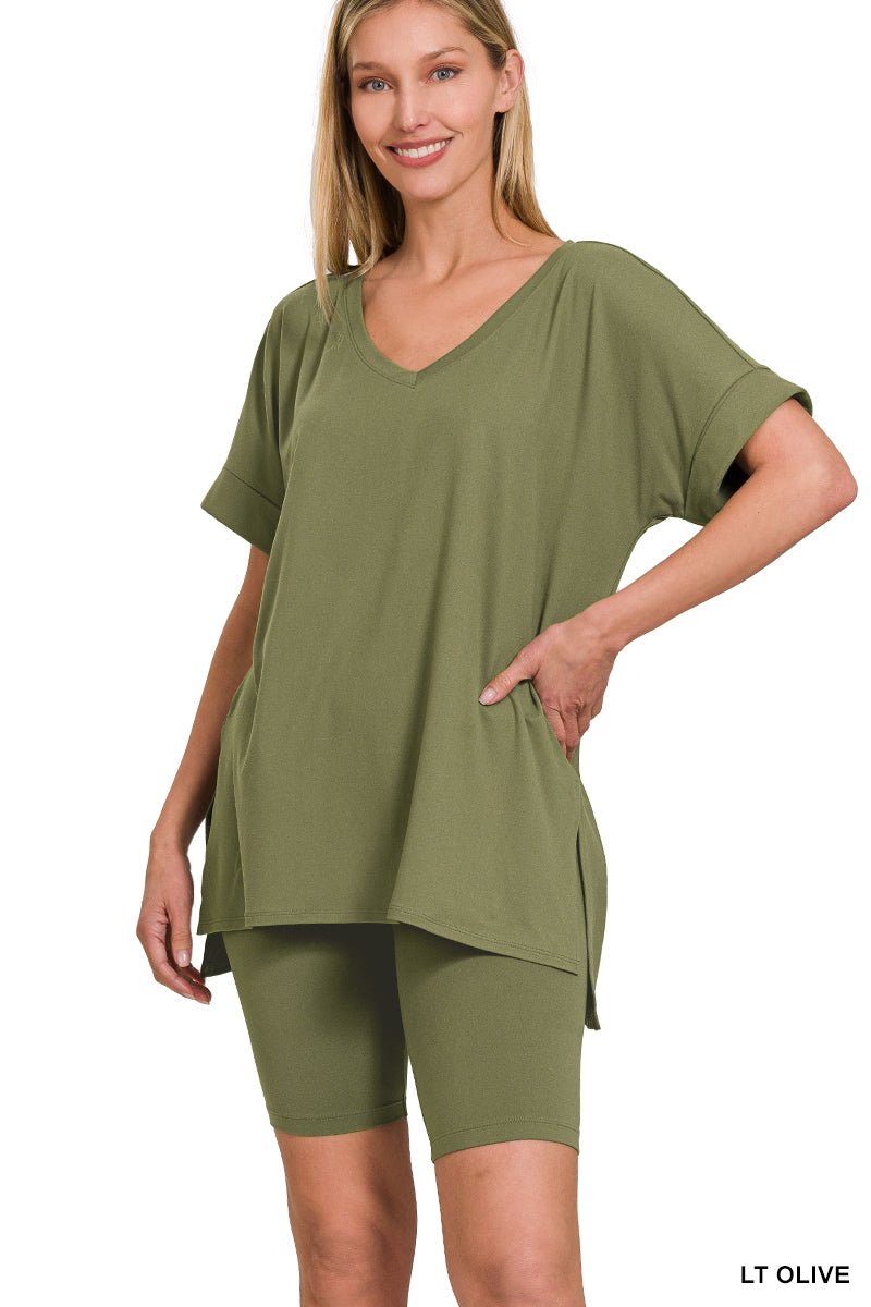 Elegant Comfort V-Neck Microfiber Top & Biker Shorts (12 Options)