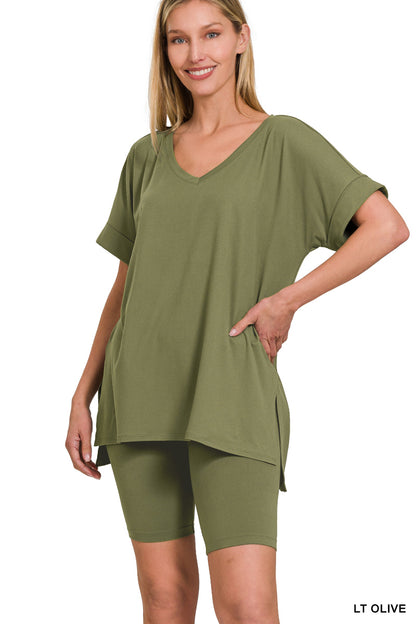 Elegant Comfort V-Neck Microfiber Top & Biker Shorts (12 Options)