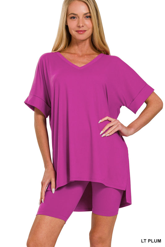 Elegant Comfort V-Neck Microfiber Top & Biker Shorts (12 Options)