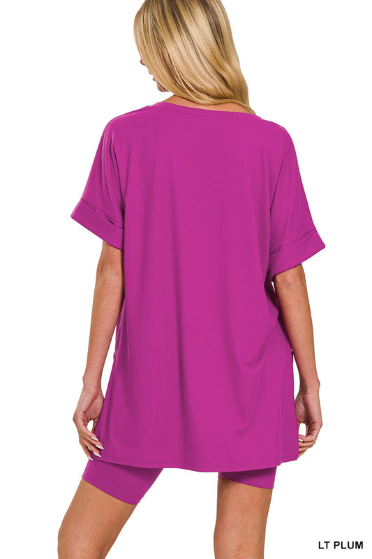 Elegant Comfort V-Neck Microfiber Top & Biker Shorts (12 Options)