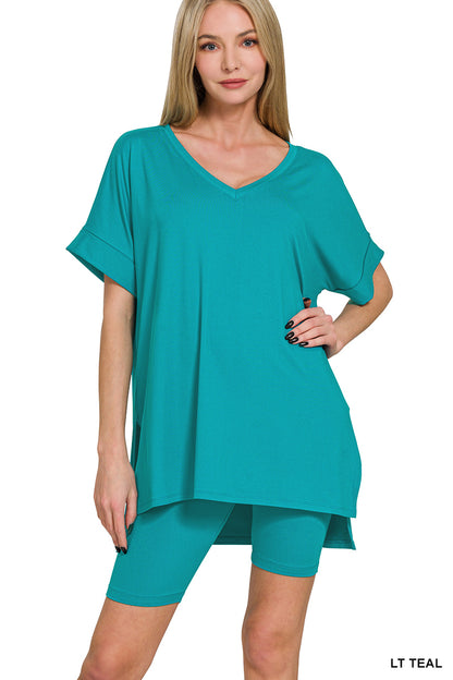 Elegant Comfort V-Neck Microfiber Top & Biker Shorts (12 Options)