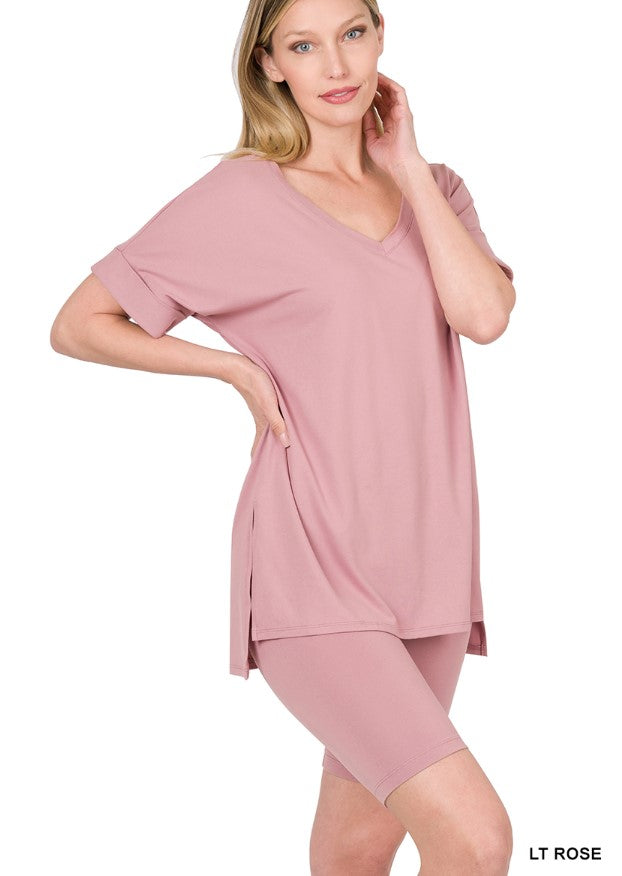 Elegant Comfort V-Neck Microfiber Top & Biker Shorts (12 Options)
