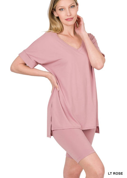 Elegant Comfort V-Neck Microfiber Top & Biker Shorts (12 Options)