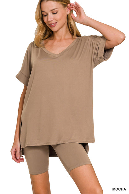 Elegant Comfort V-Neck Microfiber Top & Biker Shorts (12 Options)