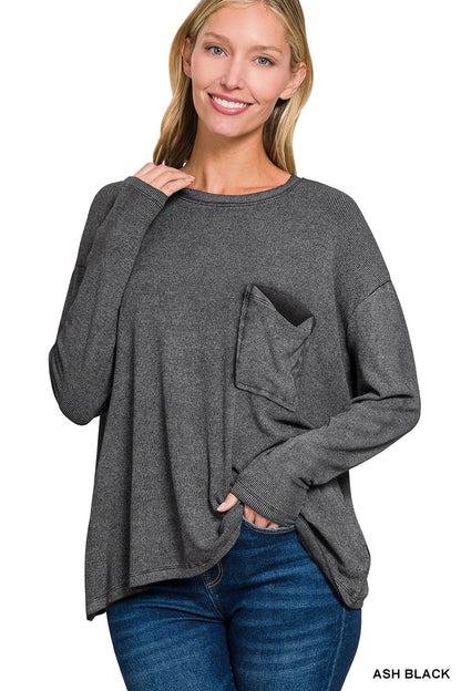 Washed Ribbed Dolman Sleeve Round Neck Top