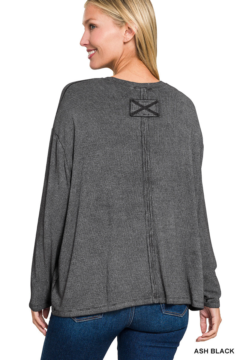 Washed Ribbed Dolman Sleeve Round Neck Top