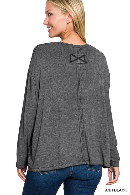 Washed Ribbed Dolman Sleeve Round Neck Top