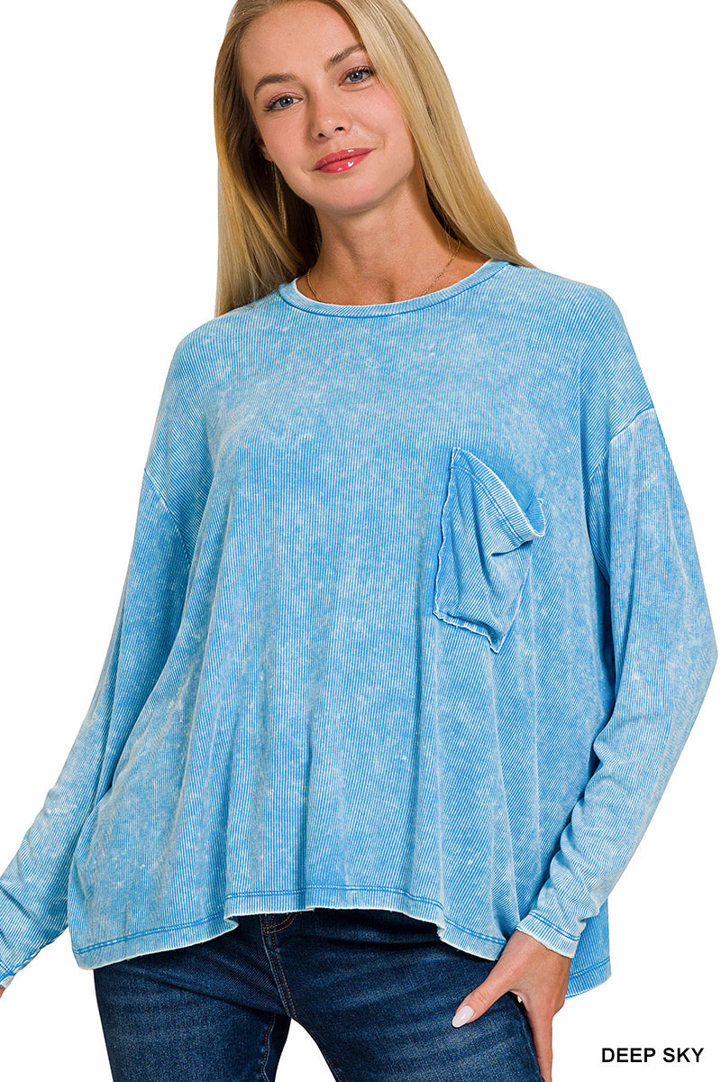 Washed Ribbed Dolman Sleeve Round Neck Top