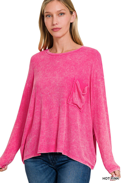 Washed Ribbed Dolman Sleeve Round Neck Top