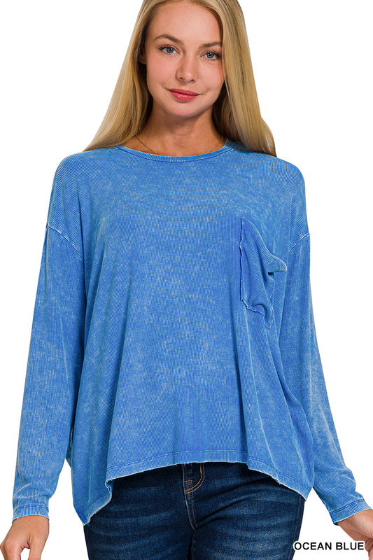 Washed Ribbed Dolman Sleeve Round Neck Top