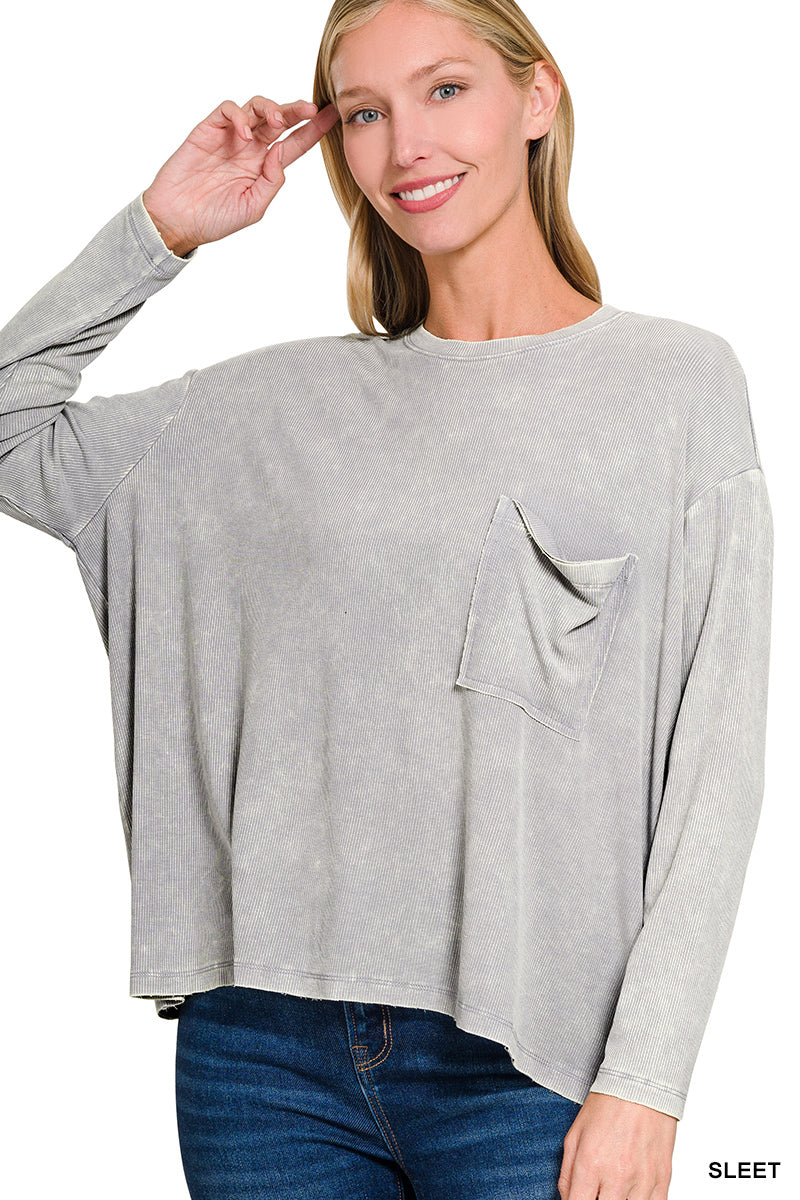 Washed Ribbed Dolman Sleeve Round Neck Top