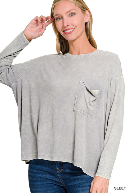 Washed Ribbed Dolman Sleeve Round Neck Top