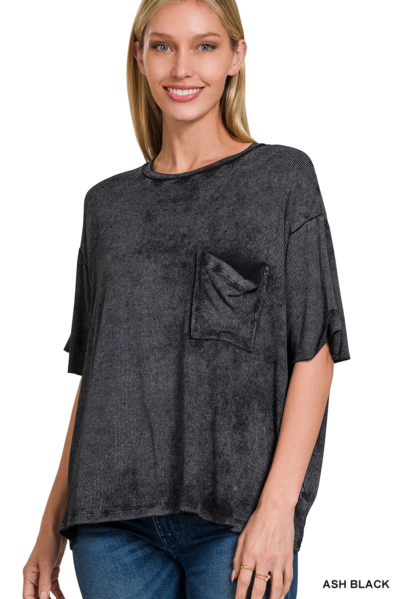 Washed Ribbed Cuffed Short Sleeve Round Neck Top (4 Options)